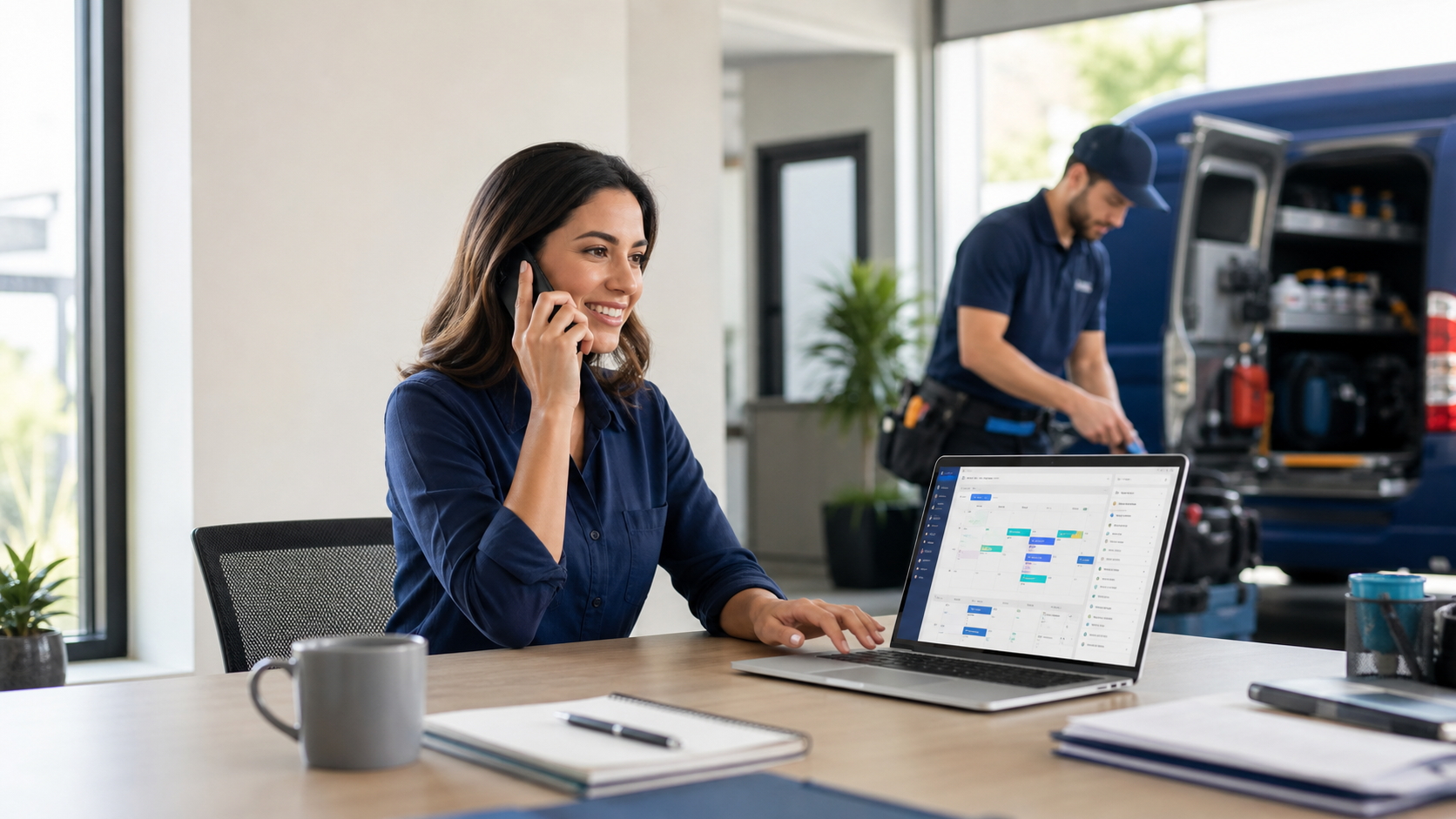 Service business owner organizing calls and scheduling while a technician prepares for the next job